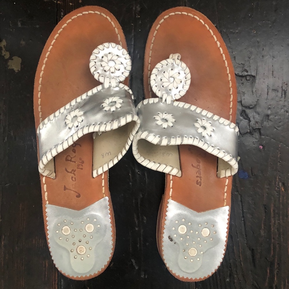Jack Rogers grey metallic sandals.